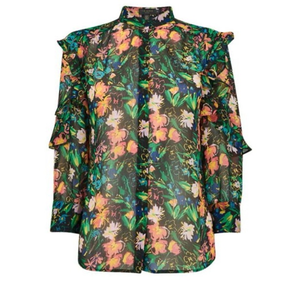 Ted Baker Carita Multi-Colour Floral Ruffle Sleeve Blouse, Size 12 - Picture 4 of 16